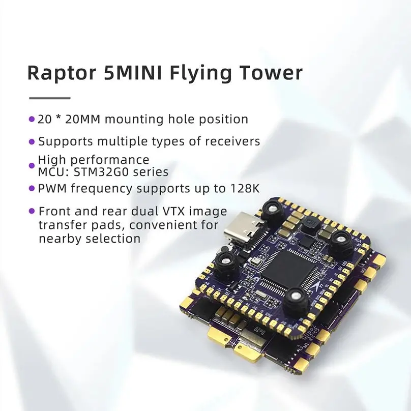 

Flycolor Raptor 5 Mini Tower F7 мини-Контроллер полета с 60A 4-в-1 ESC 3-6S ARM 32-бит Cortex MCU STM32G0 для FPV-дрона