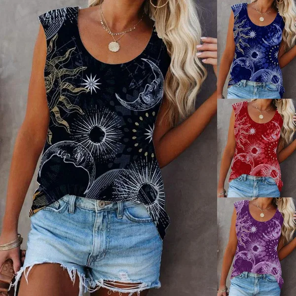 Fashion Women Summer Casual Tank Tops Loose Beach Blouses Sleeveless Printed Cotton Beach T Shirt