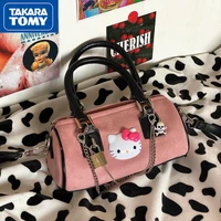 takara tomy cute hello kitty girl deerskin velvet chain pink hand held cylinder bag stitching sweet hand held messenger bag