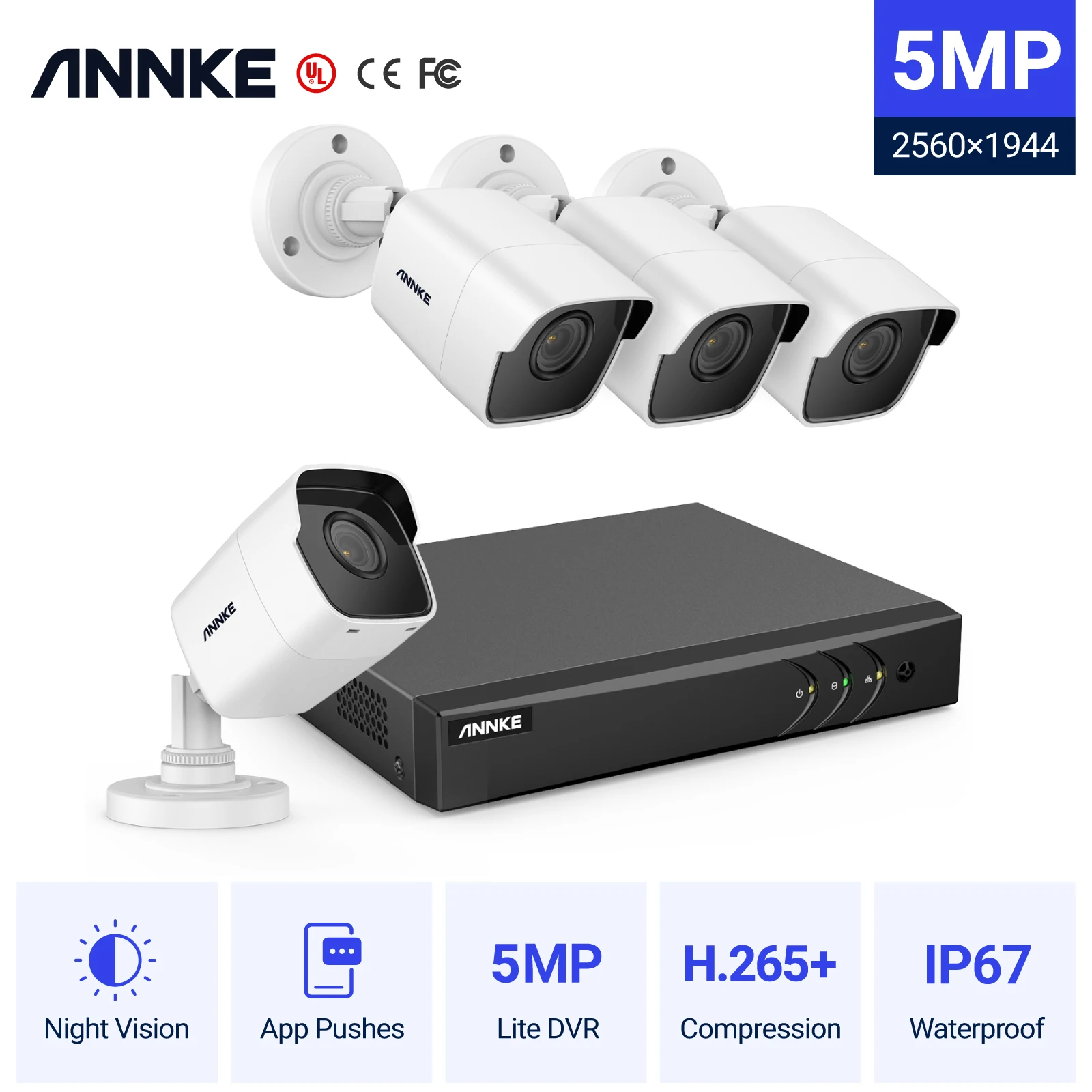 5in1 H.265+ Dvr With 4pcs 5mp Bullet Outdoor Weatherproof Su