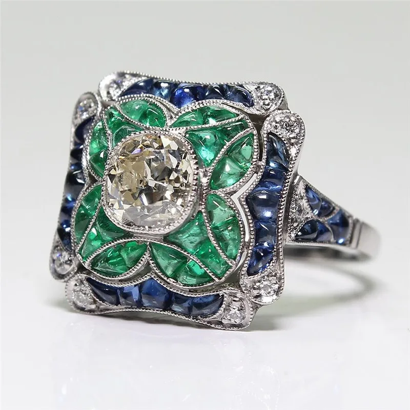 

Milangirl Antique Art Deco Alloy 2CT Blue Crystal & 1.30CT Green Rhinestone Floral Engagement Cocktail Ring
