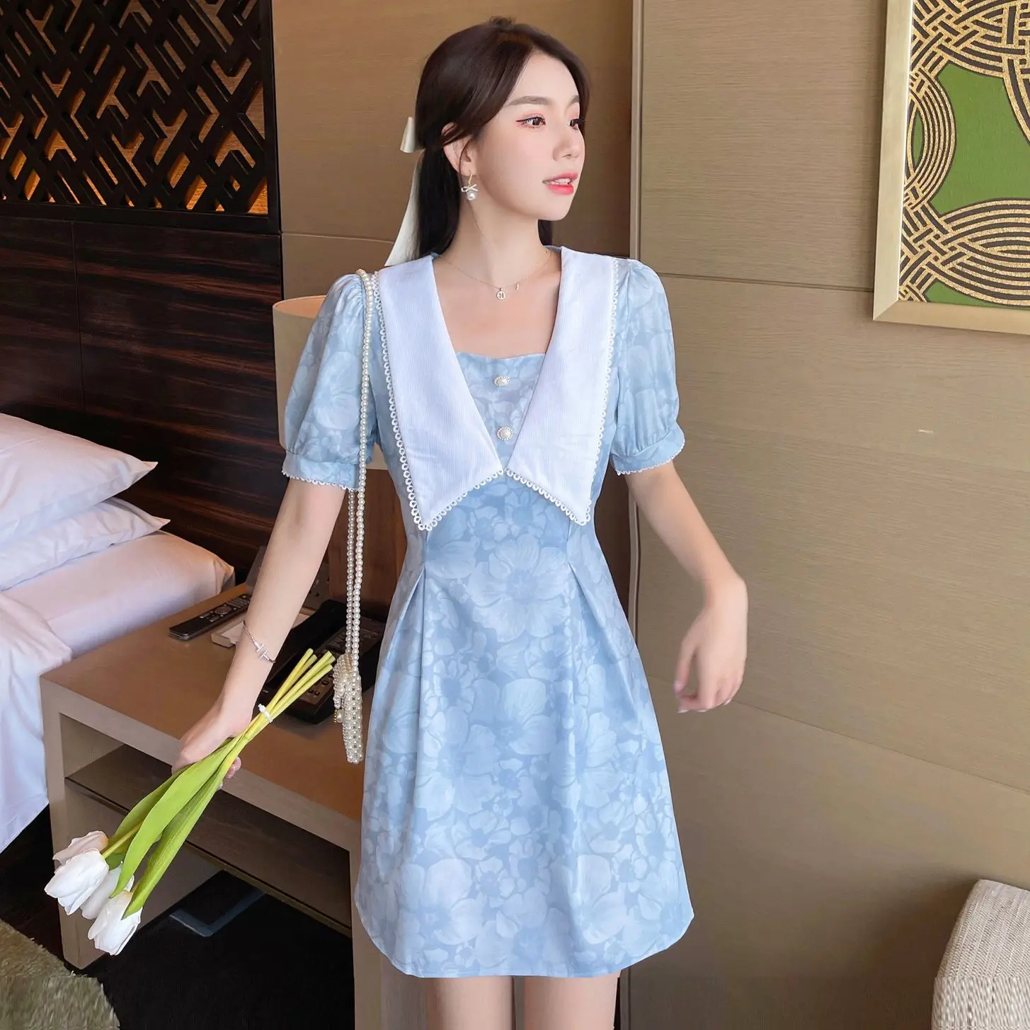 

COIGARSAM Summer Women's Dress 2021 2022 French Style Short Sleeve High Waist Dresses Dropshipping