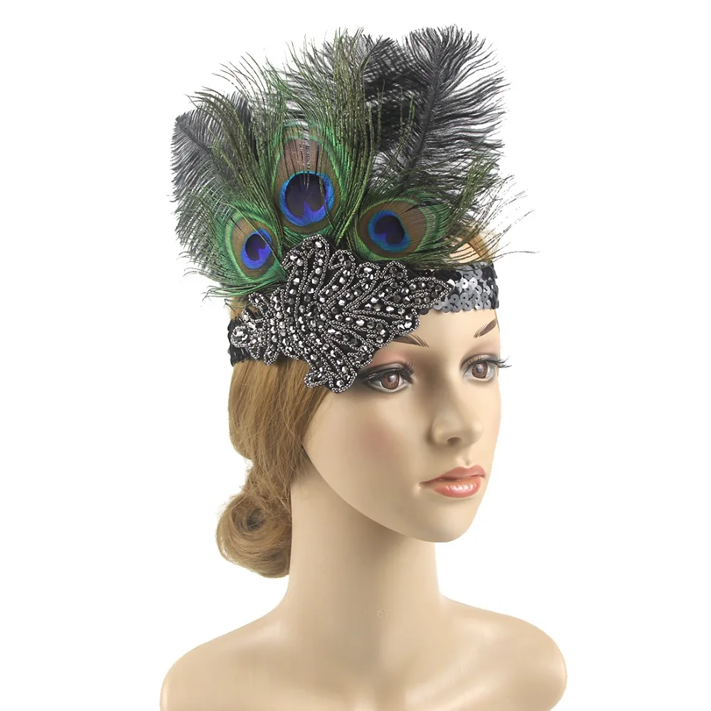 

1920s Flapper Gatsby Peacock Feather Headband, 20s Beaded Showgirl Headpiece, Feather Elastic Hair Band