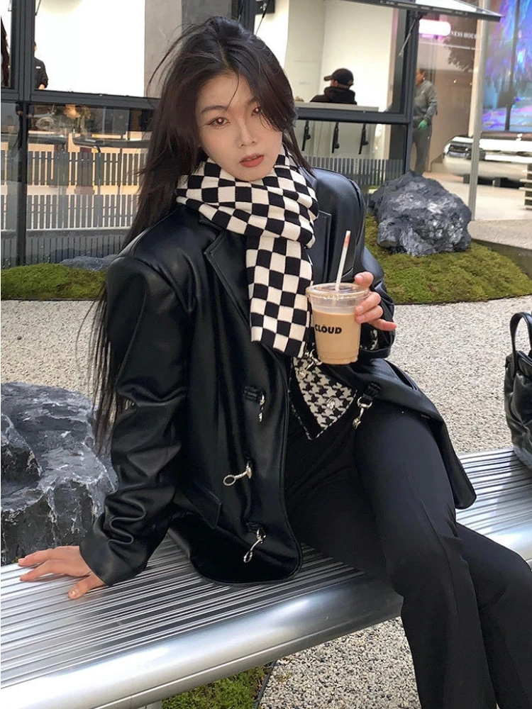 Korean Black Women's Motorcycle Leather Jacket High Street Chic Button Loose Moto Jacket Autumn Streetwear Lady Biker Coat 2022