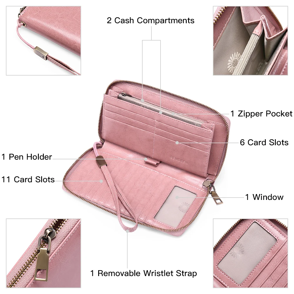Wallets for Women Large Capacity Zipper Coin Purse Genuine Leather Card Holder Multi Card Organizer Cell Phone Wristlet Handbag