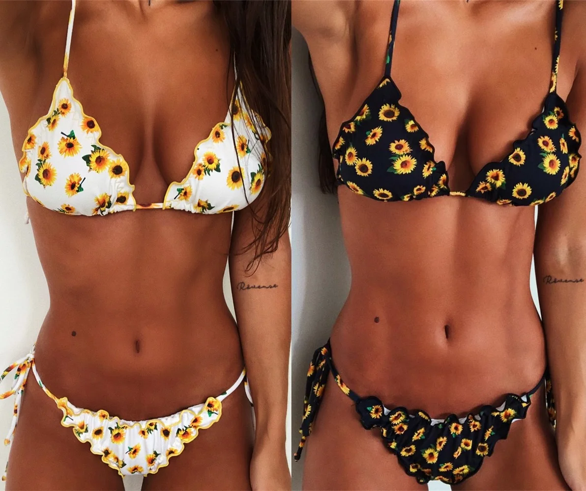 

Jucleo 2022 Push Up Padded Underwire Bikini Bandage Swimwear Women Swimsuit Bathing Suit Triangle Biquini Two Pieces Sunflower