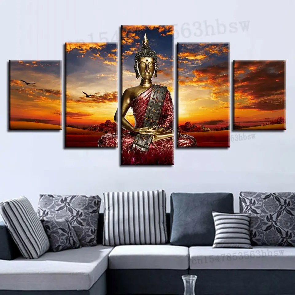 

Meditating Buddha Bird At Sunset Poster 5 Panel Canvas Print Wall Art Home Decor HD Print Pictures No Framed Paintings