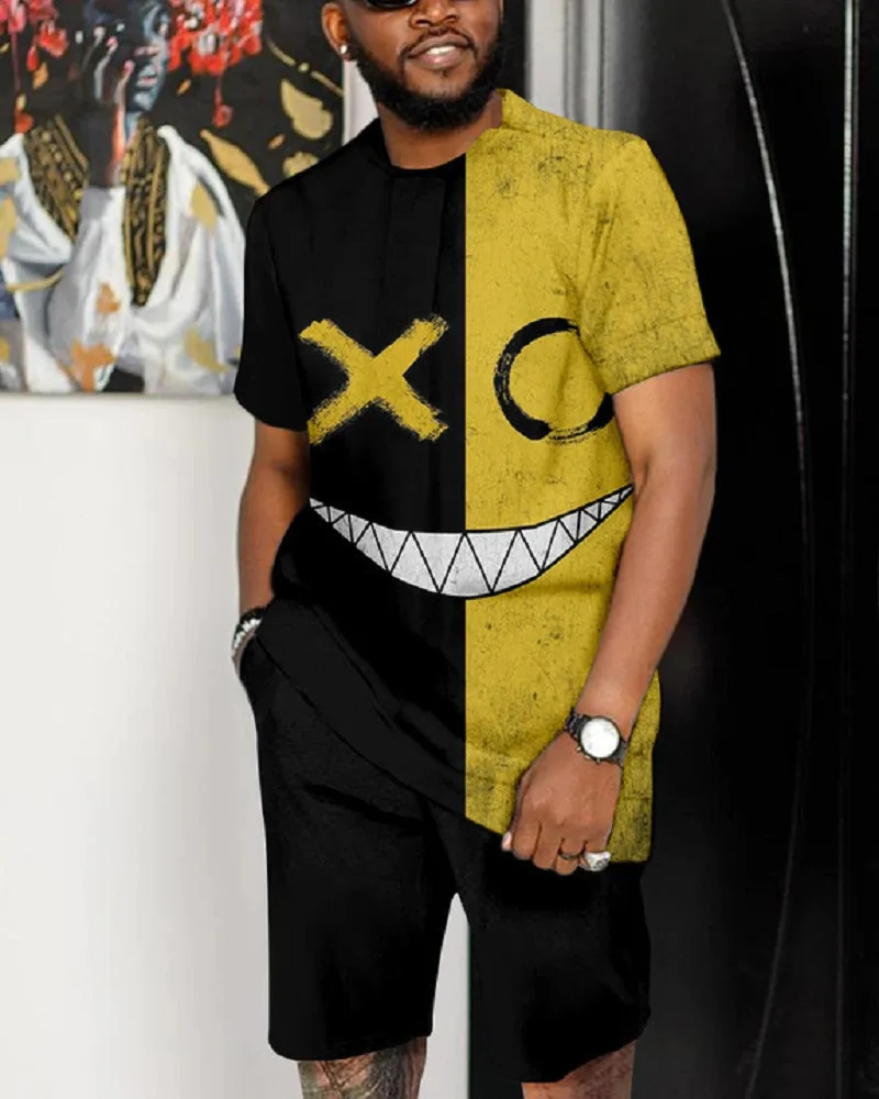 Summer Men T-shirts Set Geometric Pattern Beach Tracksuit Short Sleeved Pants 2 Piece Outdoor Streetwear Casual Man Clothing 6XL