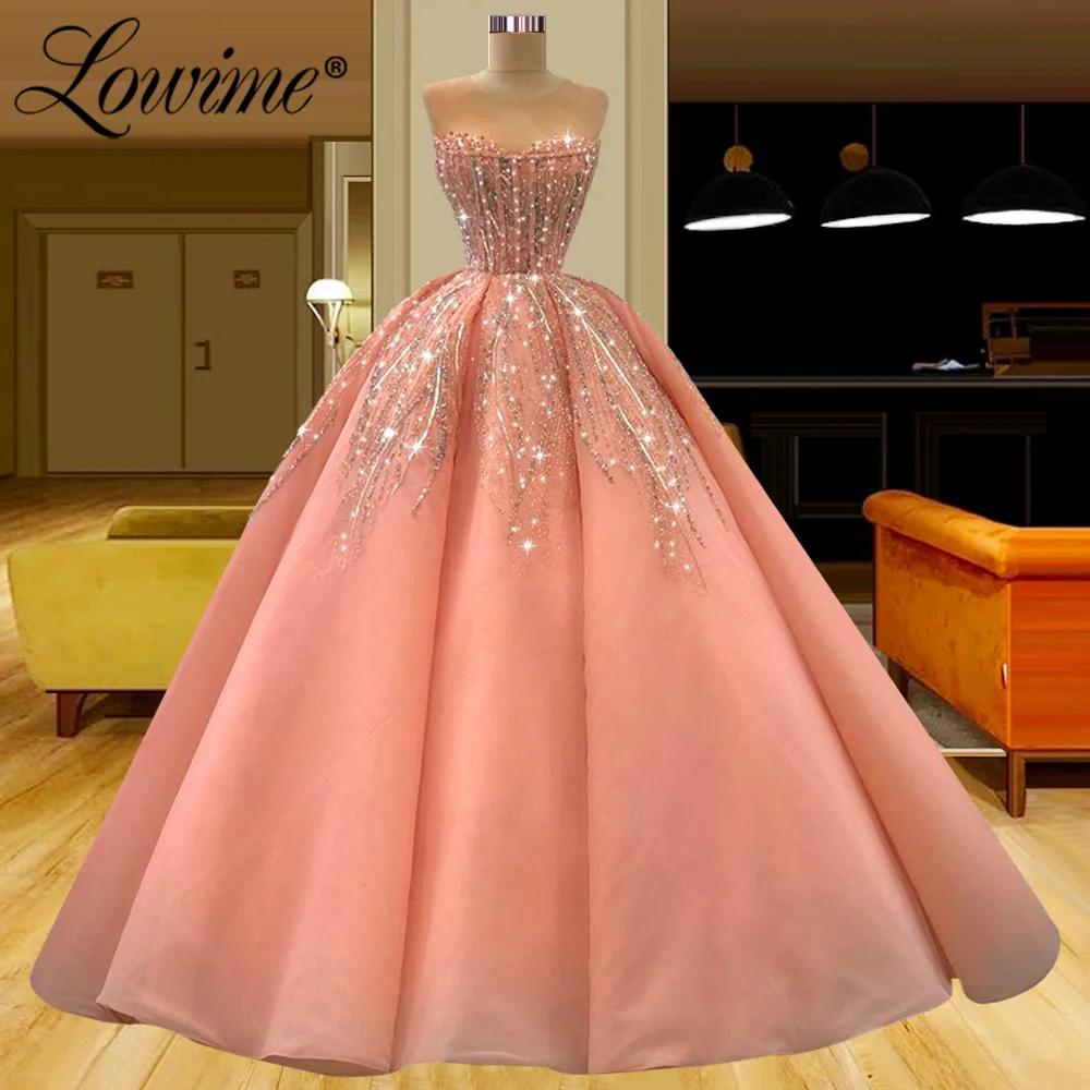 

Lowime New Arrival Pink Stunning Prom Dresses Long Beading Diamonds Crystals Handmade Party Dress Arabic Evening Gowns Robes