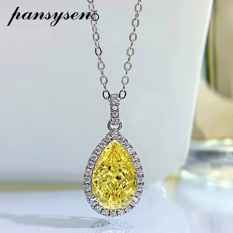

PANSYSEN 925 Sterling Silver 5CT Pear Cut Citrine Sapphire Gemstone Pendant Necklace Women 18K White Gold Plated Fine Jewelry