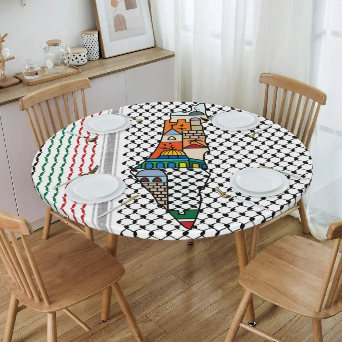

Palestine Palestinian Map With Kufiya Hatta Pattern Table Cover Fitted Jerusalem Table Cloth Backing Edge Tablecloth for Dining