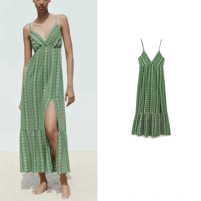 

Платье-миди летнее с V-образным вырезом и разрезом спереди