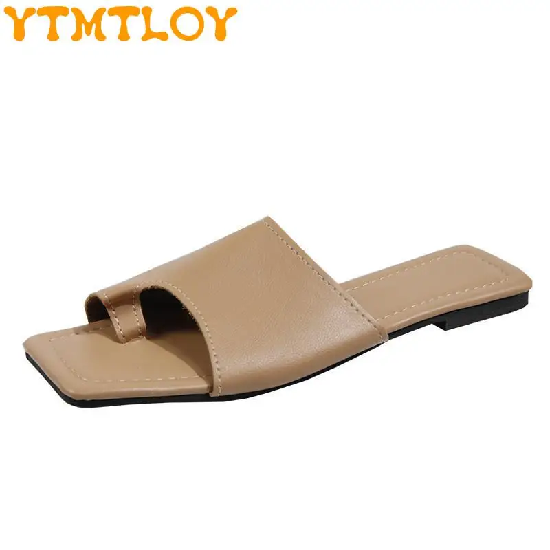 

European And American Style Fashion Pullover Large Size Sandals Women's 2022 Summer New Ins Square Head Soft Leather Slippers