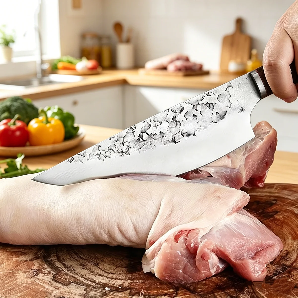 Фото Кованый нож мясника из нержавеющей стали, кухонный тесак для рубки мяса с деревянной ручкой, кулинарный нож №4