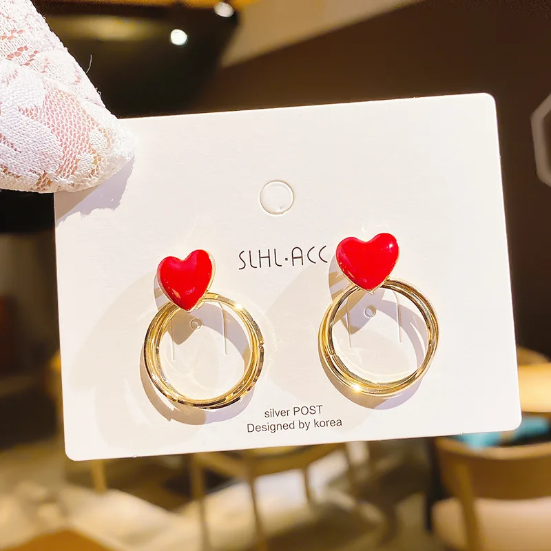 

Metallic Gold Multiple Circle Red Enamel Heart Pendant Earrings Jewelry LOVE Fashion Wedding Party Unusual Earrings For Woman