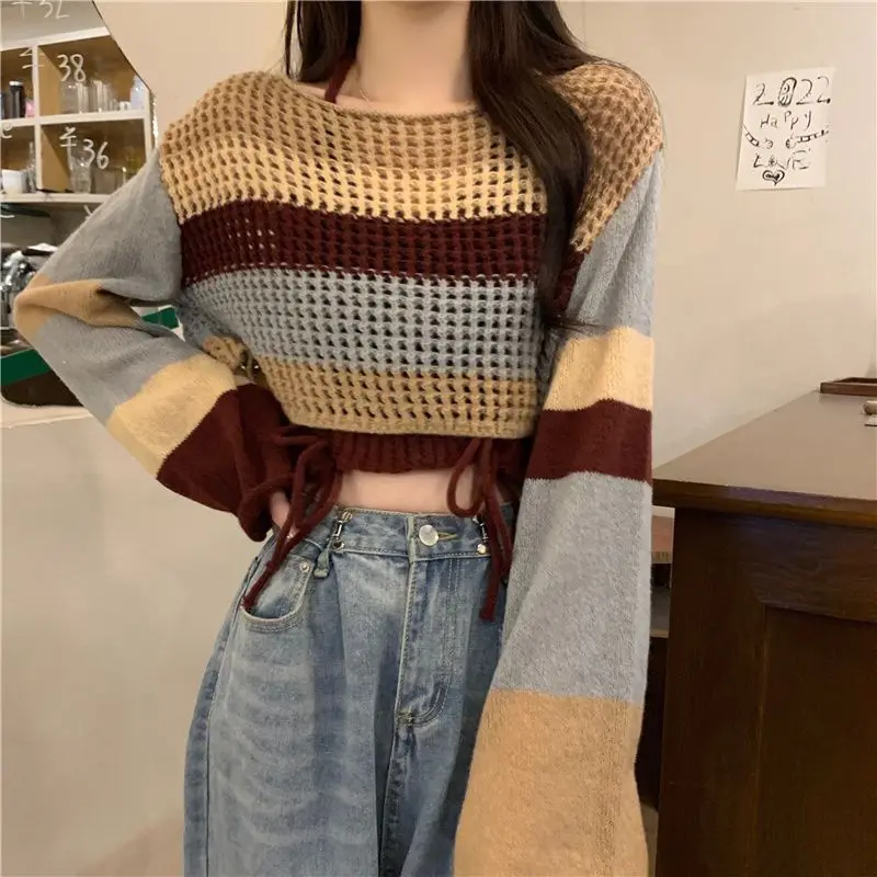 

Модные женские свитера из 2 предметов, пуловеры сезона осень-зима 2023, вязаная одежда в Корейском стиле, вязаный Топ в полоску с длинным рукавом, женский свитер