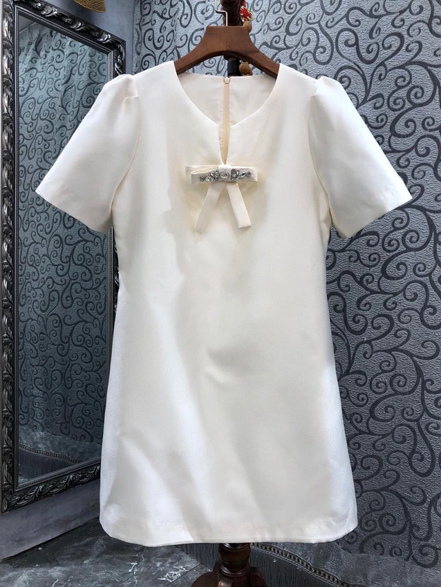 2023 new women fashion short sleeve round neck neckline bow profile slim slim slim dress 0325