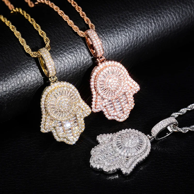 

New Hand Pendant Necklace With Tennis Chain Cuban chain Gold Silver Color Iced Out Cubic Zircon Hip Hop Rock Jewelry