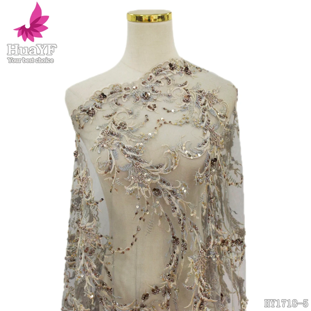 

1 ярд, горячая Распродажа, африканские Роскошные бусины ручной работы, блестки, кружево, женское свадебное платье, нигерийская сетчатая ткань HY1718