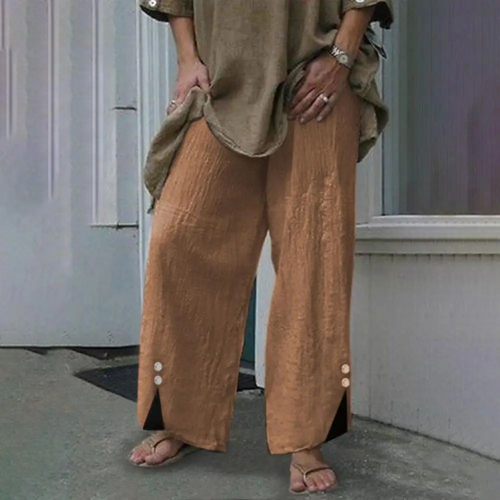 

Women Pants Solid Color Buttons Summer Elastic Waist Wide Leg Sweatpants Streetwear