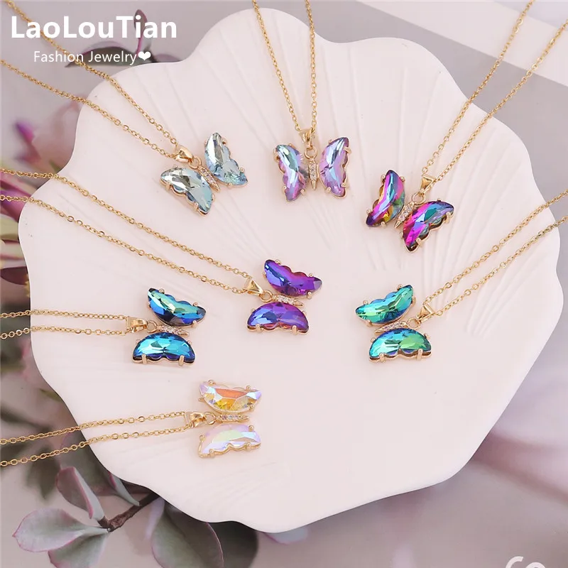 

New Fashion Korean Colorful Crystal Butterfly Pendant Necklace Female Clavicle Chain Popular Necklace