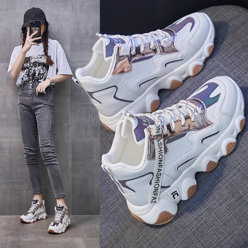 

Women New Casual Lace Up Sneakers Female 2023Spring New Thick Sole Non-slip Shoes Lady Waterproof Colorblock Chunky Sneakers