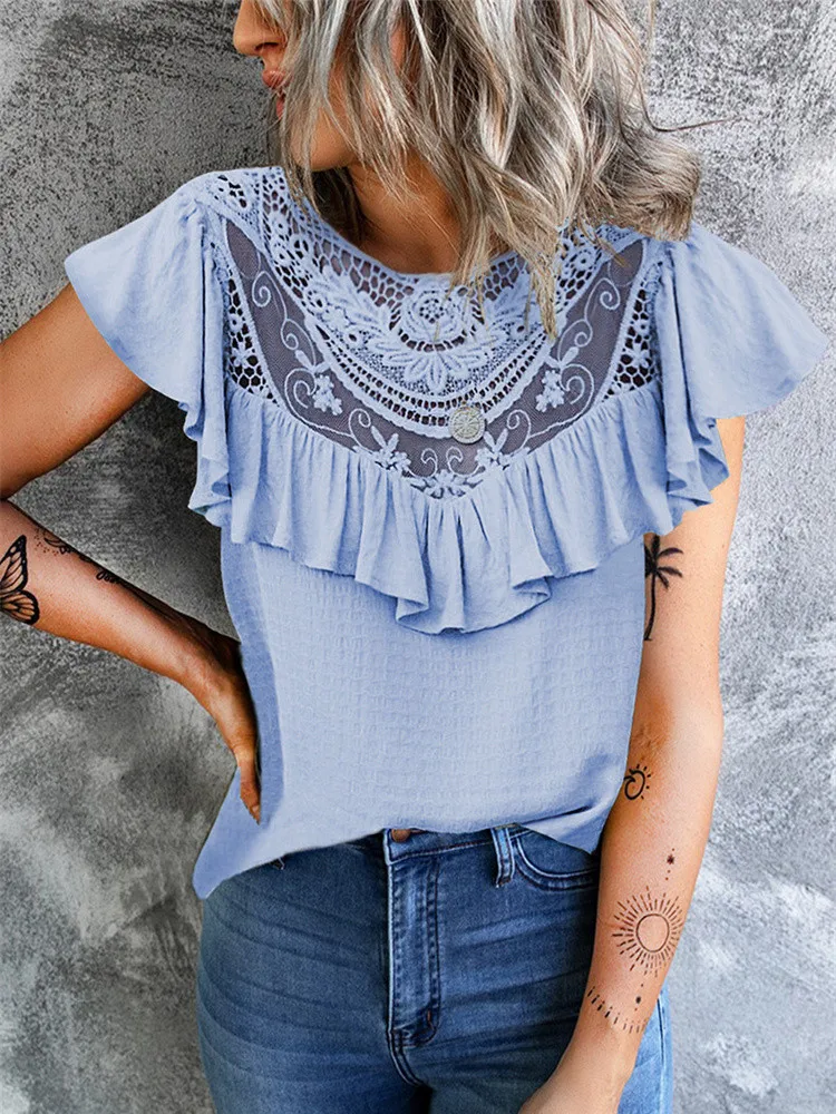 

2023 Fashion Womens Lace Hollow-Out Vest Spring Summer Lady Sleeveless Casual Shirt New Ruffled Round Neck Loose T-Shirt Tops