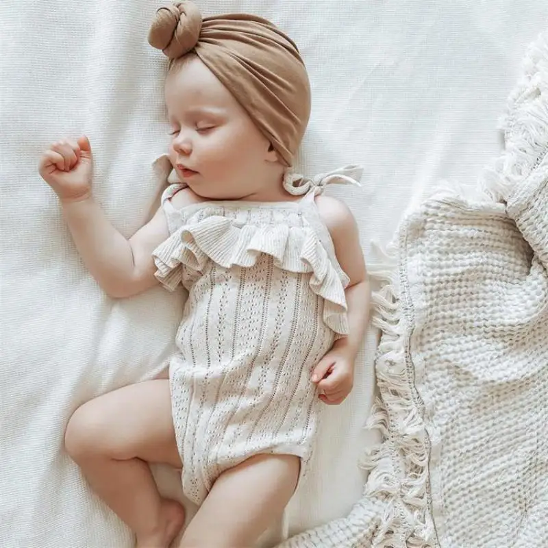 

Newborn Girls Ruffles Lace Rompers Cotton Toddler Sleeveless Bow Hollow Out Bodysuits Infant Knitted Jumpsuit Baby Girl Clothing