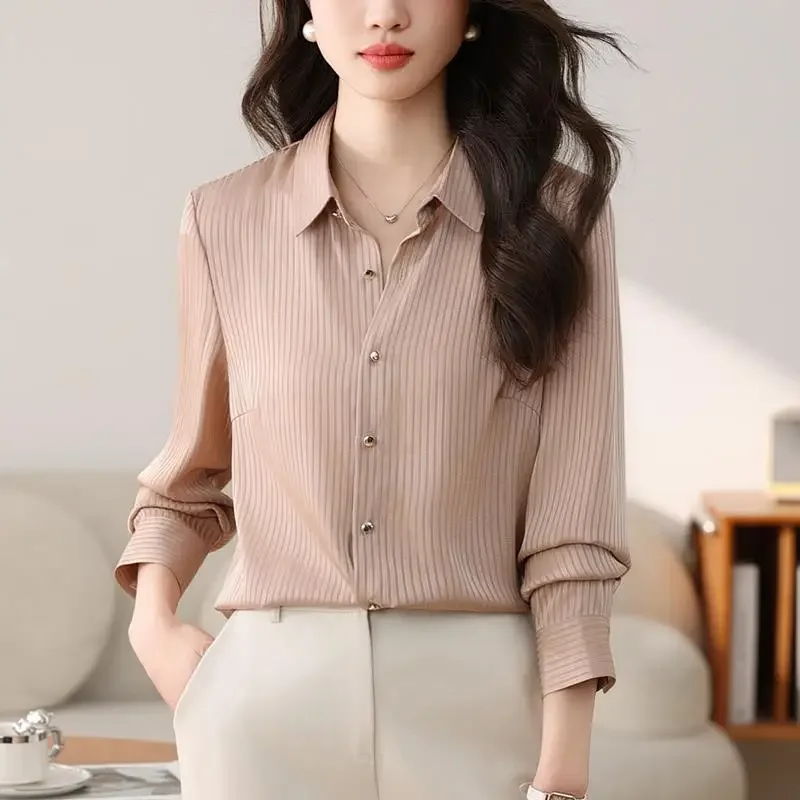 Модная высококачественная шелковая полосатая рубашка женская с длинным рукавом