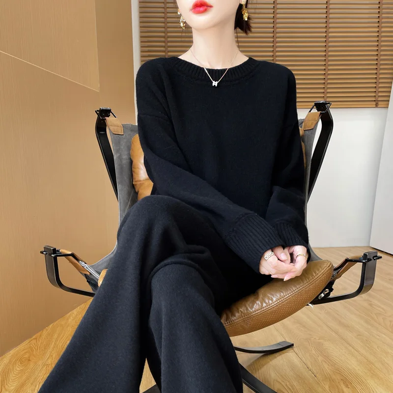 Новый 24 женский длинный комплект из чистой шерсти вязаный пуловер с круглым