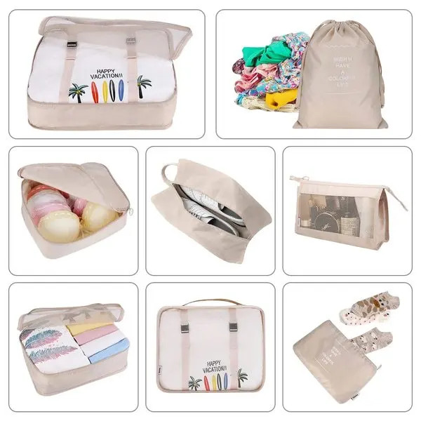 8PCS Set 6 Colors New Style Packing Cubes Easy Travel Luggage Organiser Waterproof Bags Compression Pouches Clothes Suitcase Org