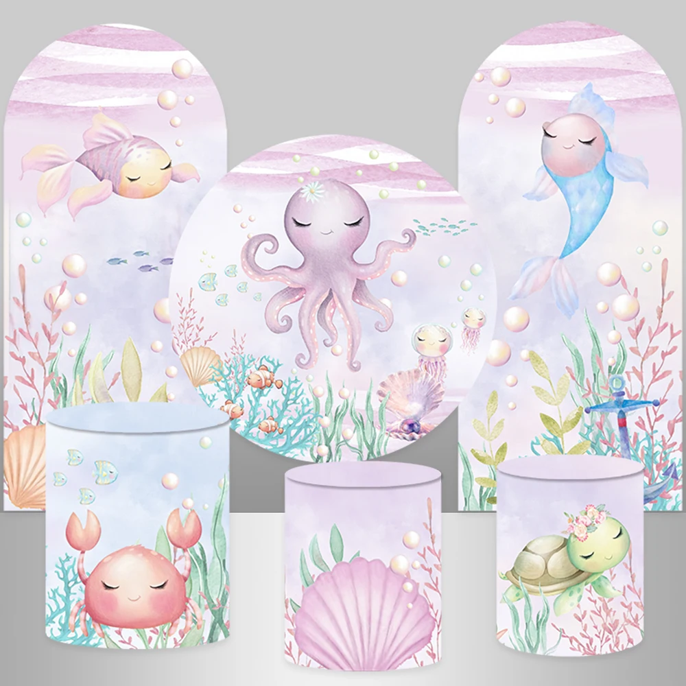 

Undersea Mermaid Octopus Round Circle Backdrop Cover for Kids Birthday Party Decoration Turtle Cake table Banner Cylinder Covers