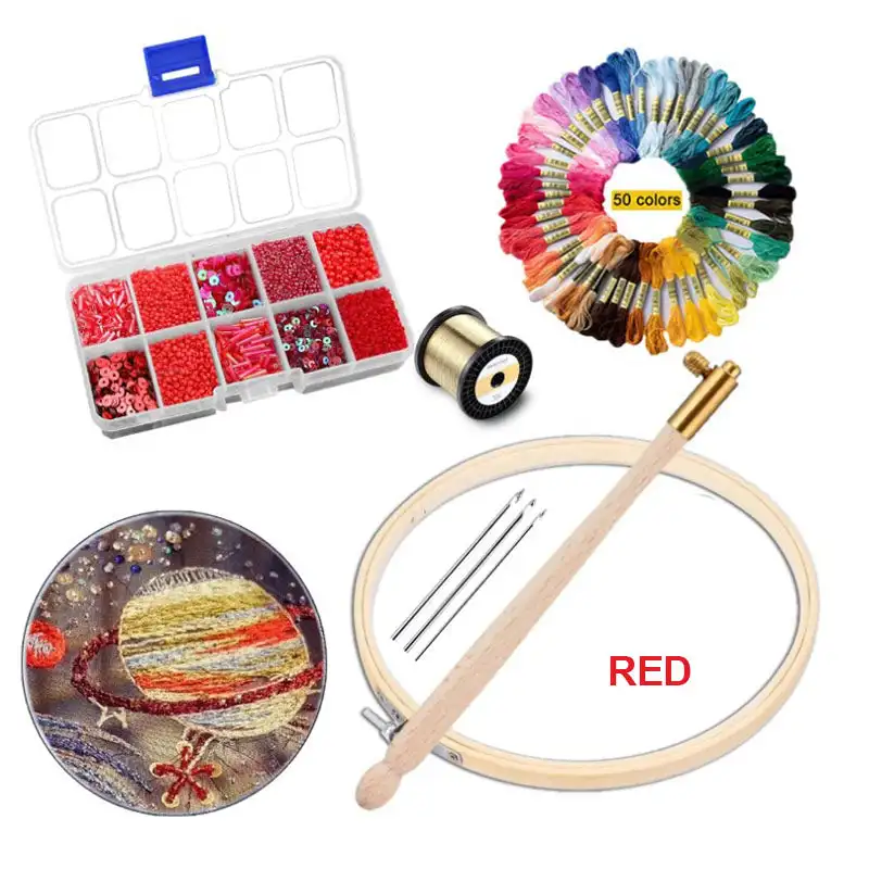 Exquisite French Embroidery Kit Wood Tambour Hook Needles Beaded Thread Set Cloth Material Pack Sewing DIY Accessories