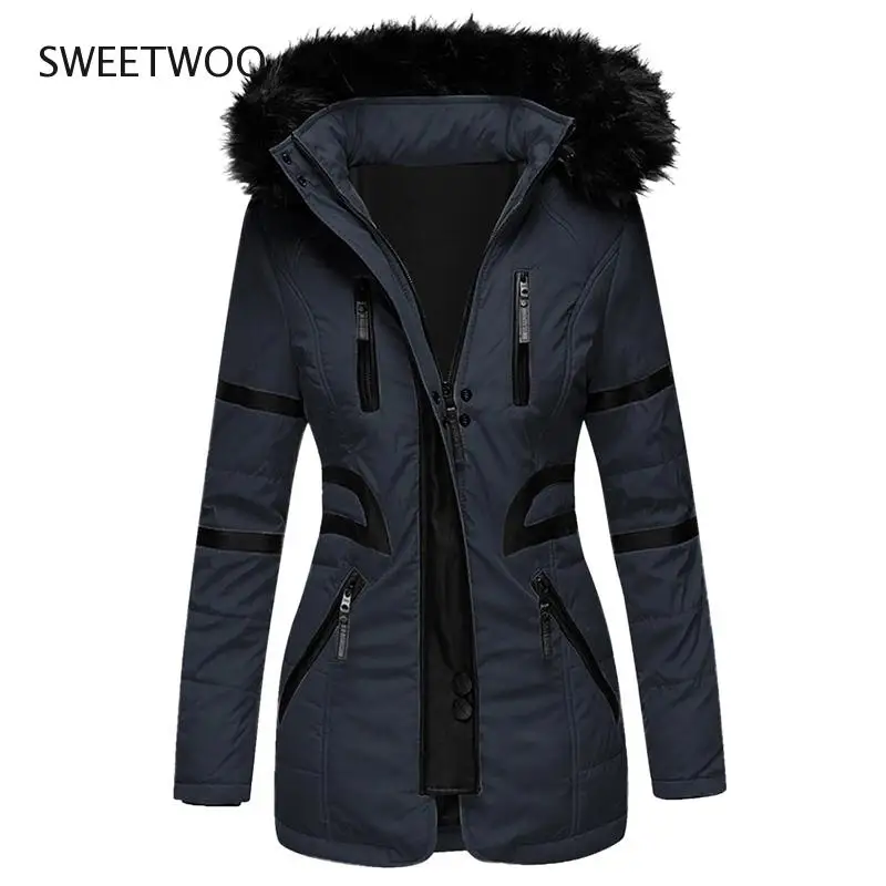 Spring Autumn Jacket Ladies Parka Coat Fur Collar Jacket Slim Zipper Hooded Jacket Female Solid Color Jacket Large Size Tide
