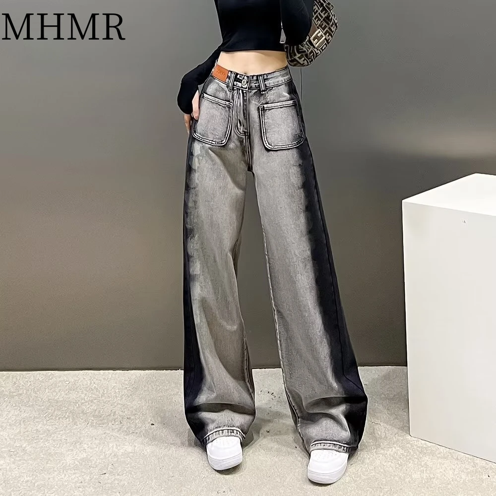 

Новинка 2023, женские джинсы MHMR, мешковатые джинсы, новые модные прямые брюки Y2k, джинсовые брюки, винтажные свободные синие потертые джинсы для мам 90-х