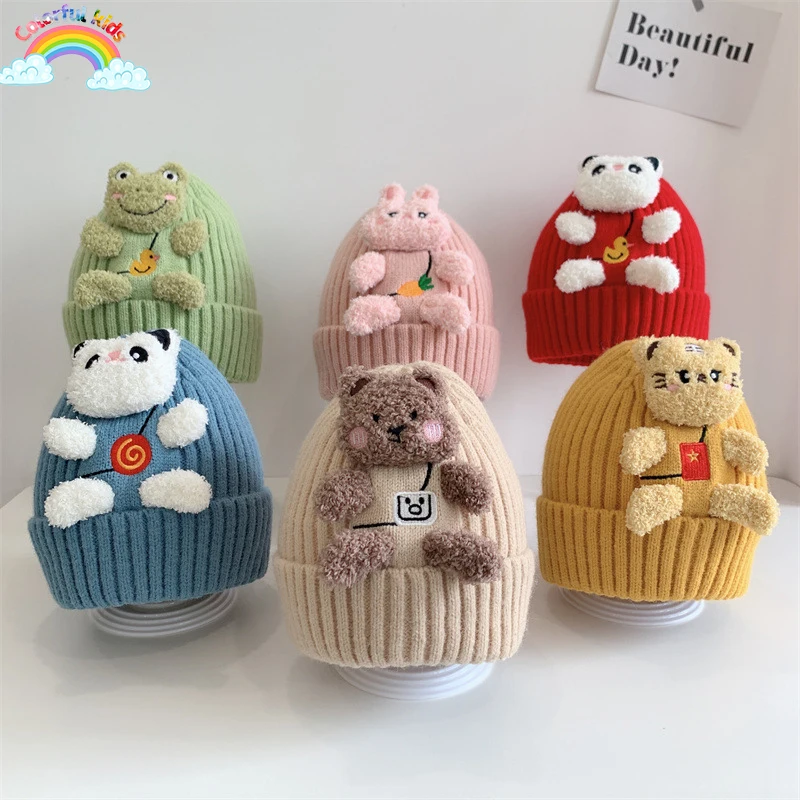 

Cartoon Animal Beanie Preschool Children's Autumn and Winter Warmth Cover Hat Solid Color Baby Boy Girl Hat Baby Ear Guards