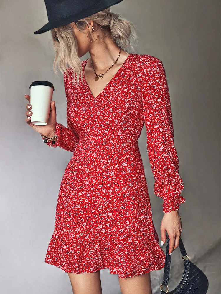 Boho Floral A-Line Dress Women Spring Autumn Flare Long Sleeve V Neck Ruffle Dress Fashion Elegant Beach Party Dresses Vestidos