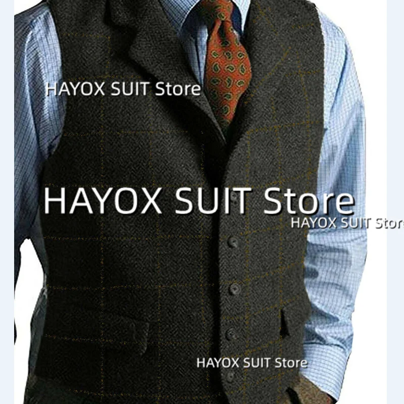 

Men's Suit Vest Lapel Tweed Herringbone Business Chalecos Steampunk Bridegroom For Wedding Waistcoat