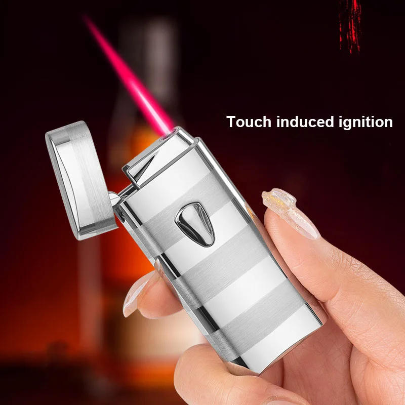 

New Stripe Induction Ignition Lighter Metal Butane Gas Refilled Windproof Torch Red Jet Flame Lighter Smoking Accessories