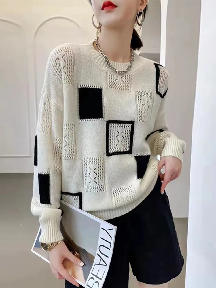 

Fashion Tops 2022 Women Oversized Sweater Autumn Winter New Colorblock Plaid Knitted Pullovers Round Neck Retro Warm Sweaters