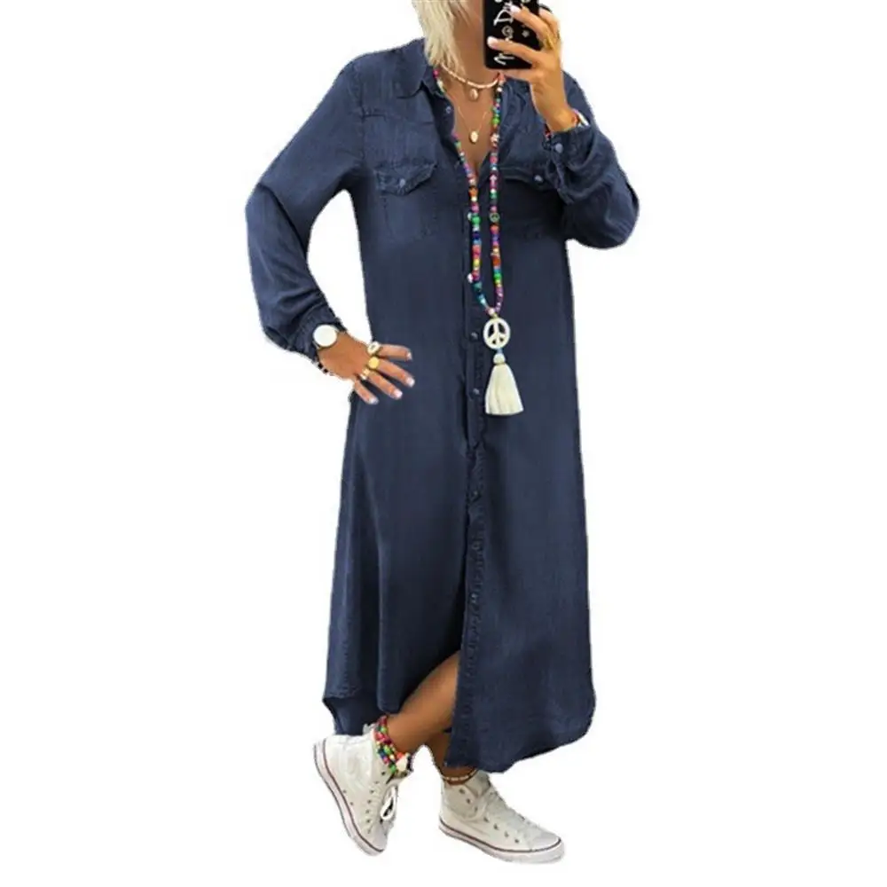 

2022 New Denim Dress Straight Loose Women Dresses Autumn Spring Single Breasted Shirt-dress Streetwear Bodycon Dress