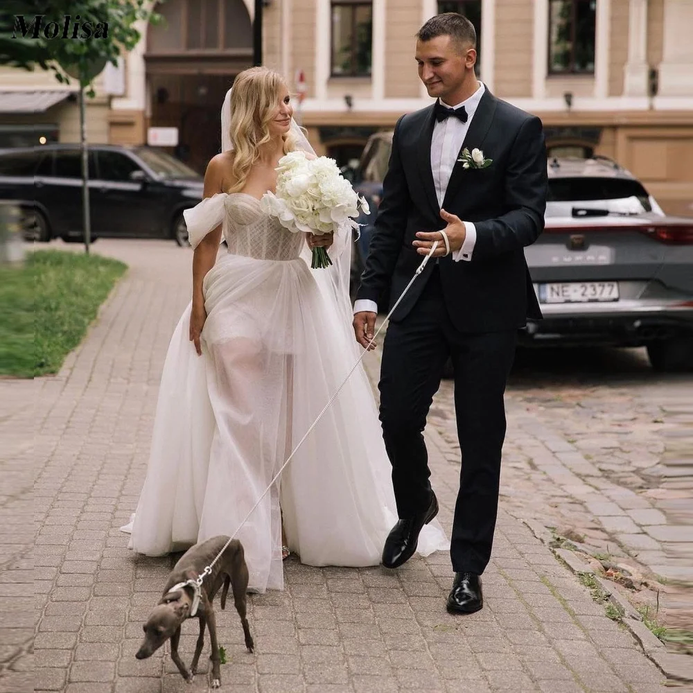

Short Sleeves Off the Shoulder Wedding Dress Tulle High Split Bride Dresses for Women 2023 Free Shipping Country Bridal Gown