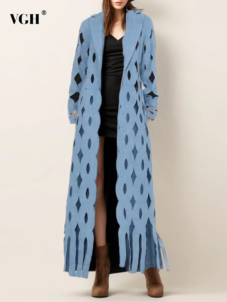 

VGH Patchwork Tassel Hollow Out Minimalist Coat For Women Notched Collar Long Sleeve Solid Temperament Loose Coat Female Style