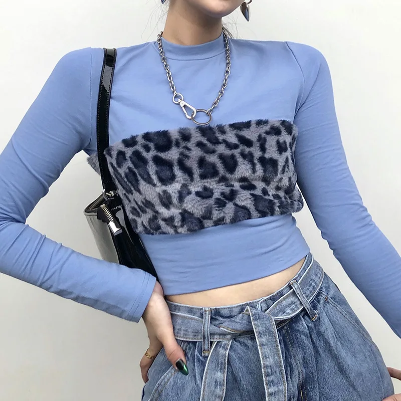 

Fall 2021 New Leopard Print Fur Stitching Round Neck Long-sleeved Pullover T-shirt Female Hot Girl Short Umbilical Bottoming Top