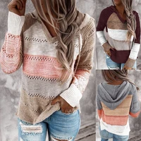 autumn women patchwork hooded sweater long sleeve v neck knitted sweater casual striped pullover jumpers 2021 new female hoodies