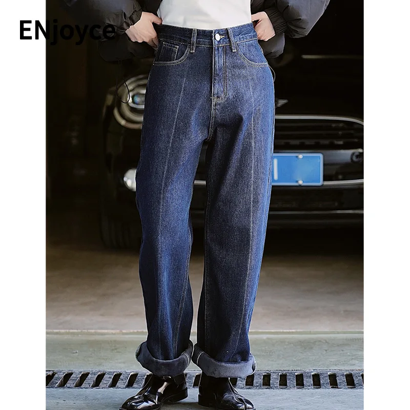 Winter Women Retro Inner Velvet Loose Straight Jeans Female Casual Low Waist Wide Leg Trousers Thick Cargo Denim Pants