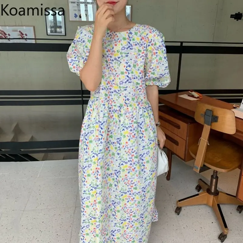 

Koamissa Sweet French Women Floral Dress Short Puff Sleeves O-neck Slimming A Line Vestidos Ladies Causal Loose Korean New Robes