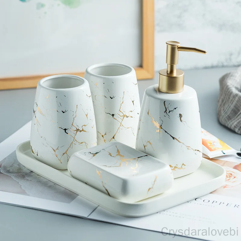 

Nordic Ceramic Marble Pattern Hand Sanitizer Bottle Bathroom Lotion Bottle Soap Dish Mouthwash Cup Bathroom Accessories Set
