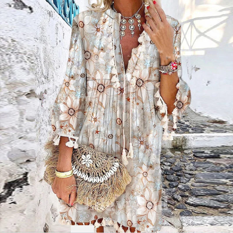 

Женское винтажное мини-платье с принтом, V-образным вырезом и кисточками, повседневное свободное пляжное платье с рукавом три четверти, весна-лето 2021, женское вечернее платье