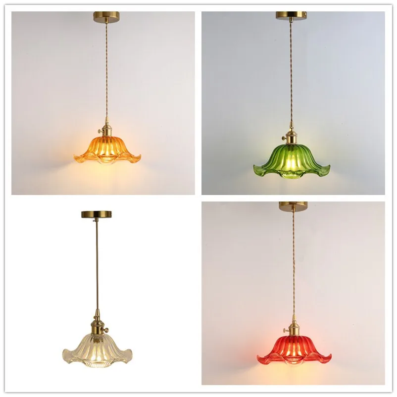 Vintage Rust Color Glass Shade Brass With Knob Switch Pendant Lamp Creative Personality Copper Beside Light
